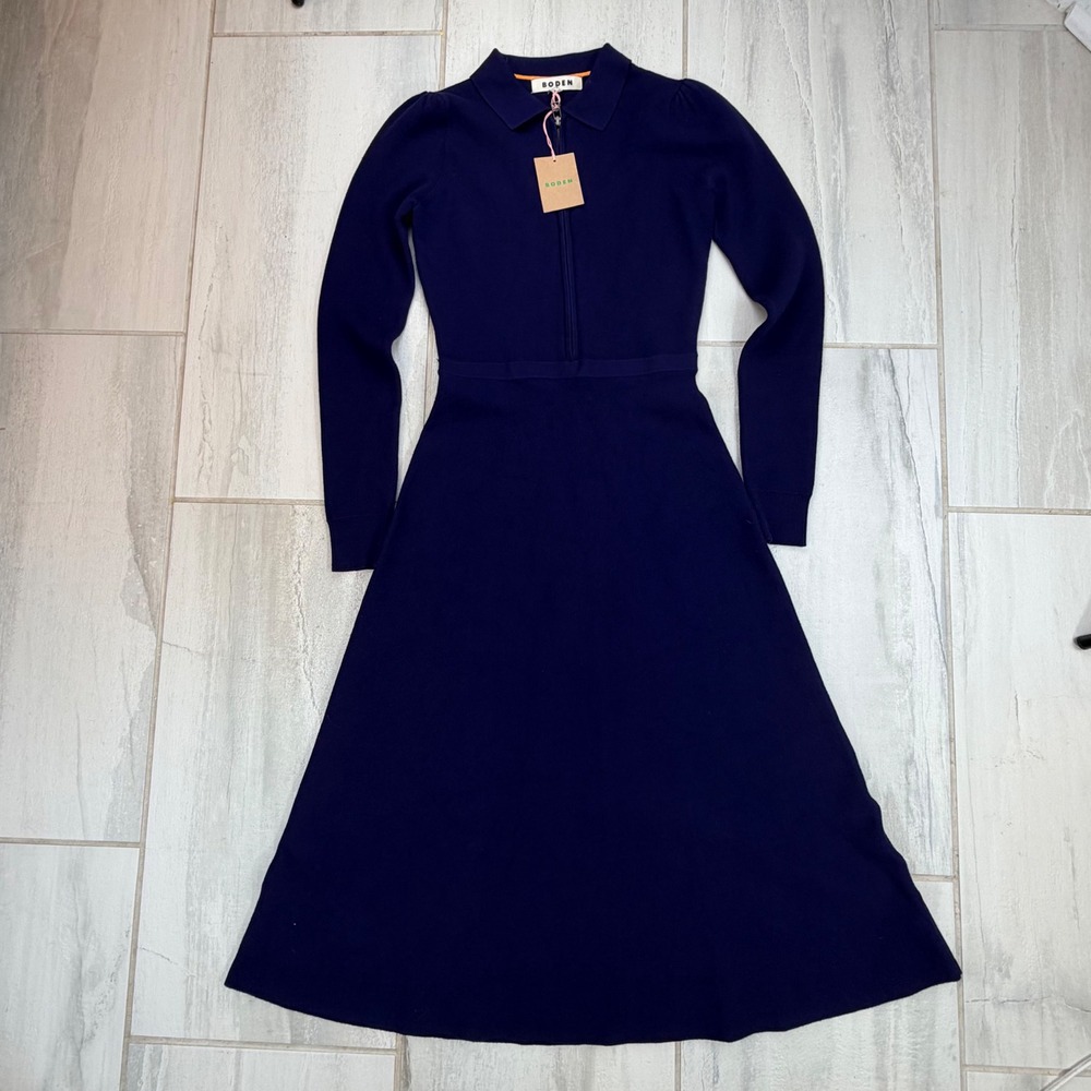 Boden Navy Blue Knit Quarter Zip Midi Dress Long Sleeve D1457 US 2R NEW